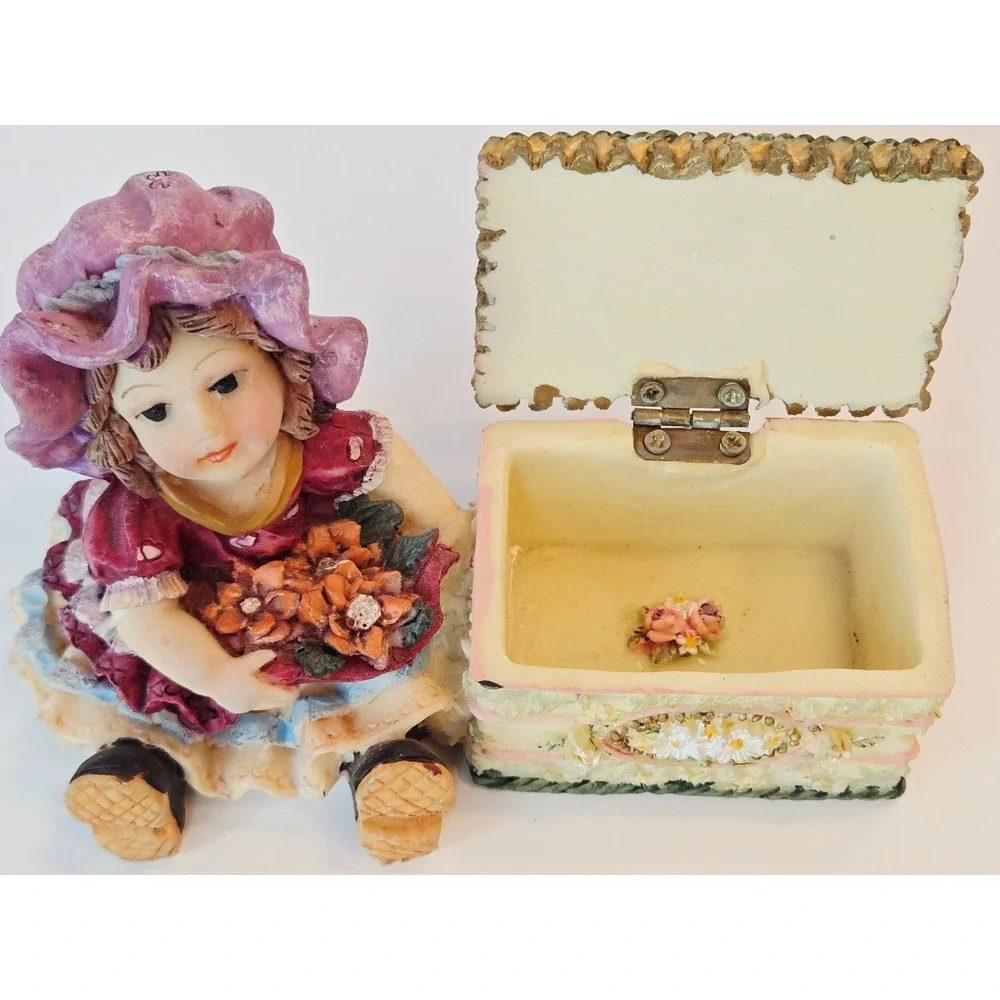 Vintage‎ Style Girl Figurine with Floral Hinged Trinket Box-Cottagecore